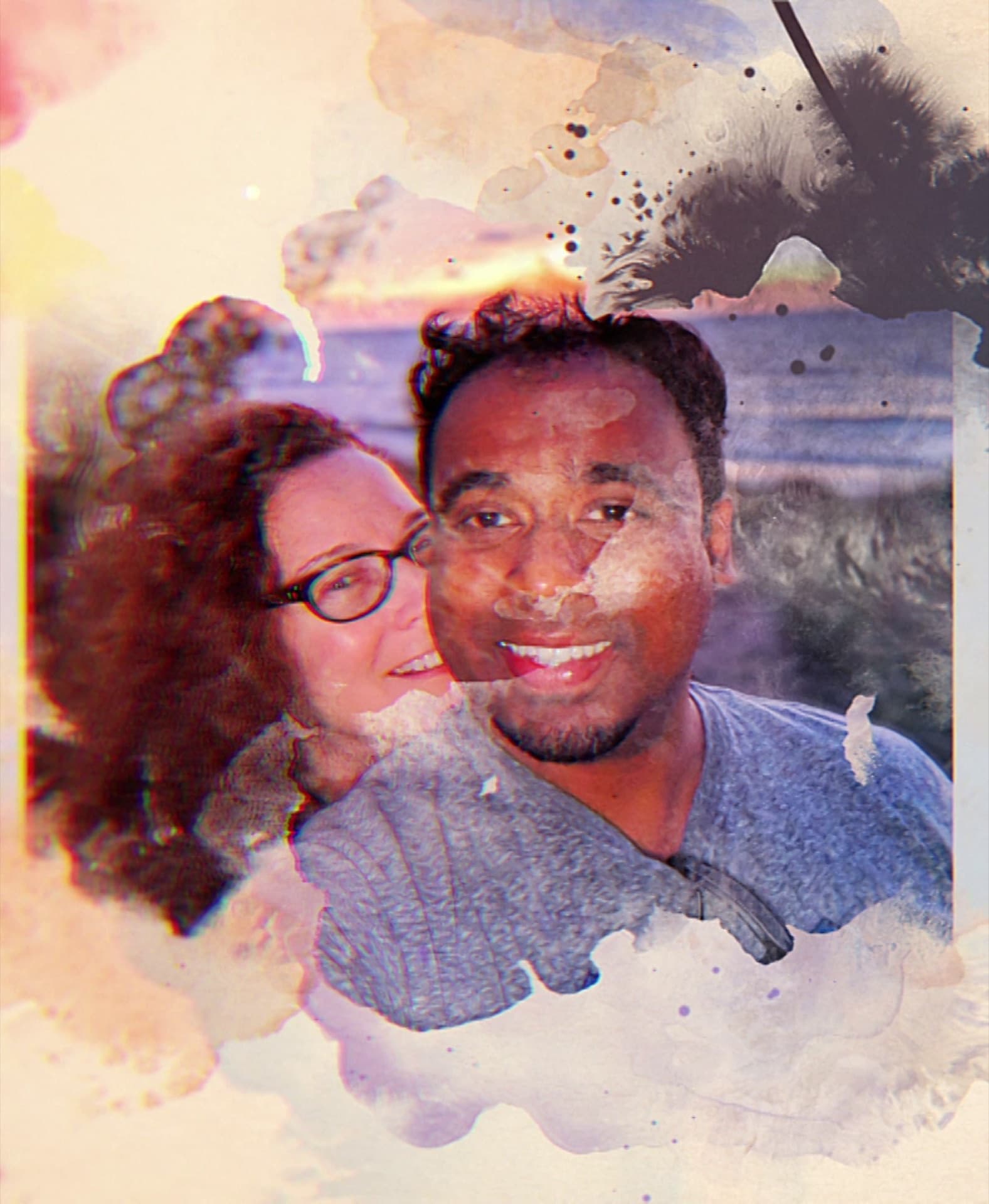 Watercolor-textured edit of a couple embracing at sunset