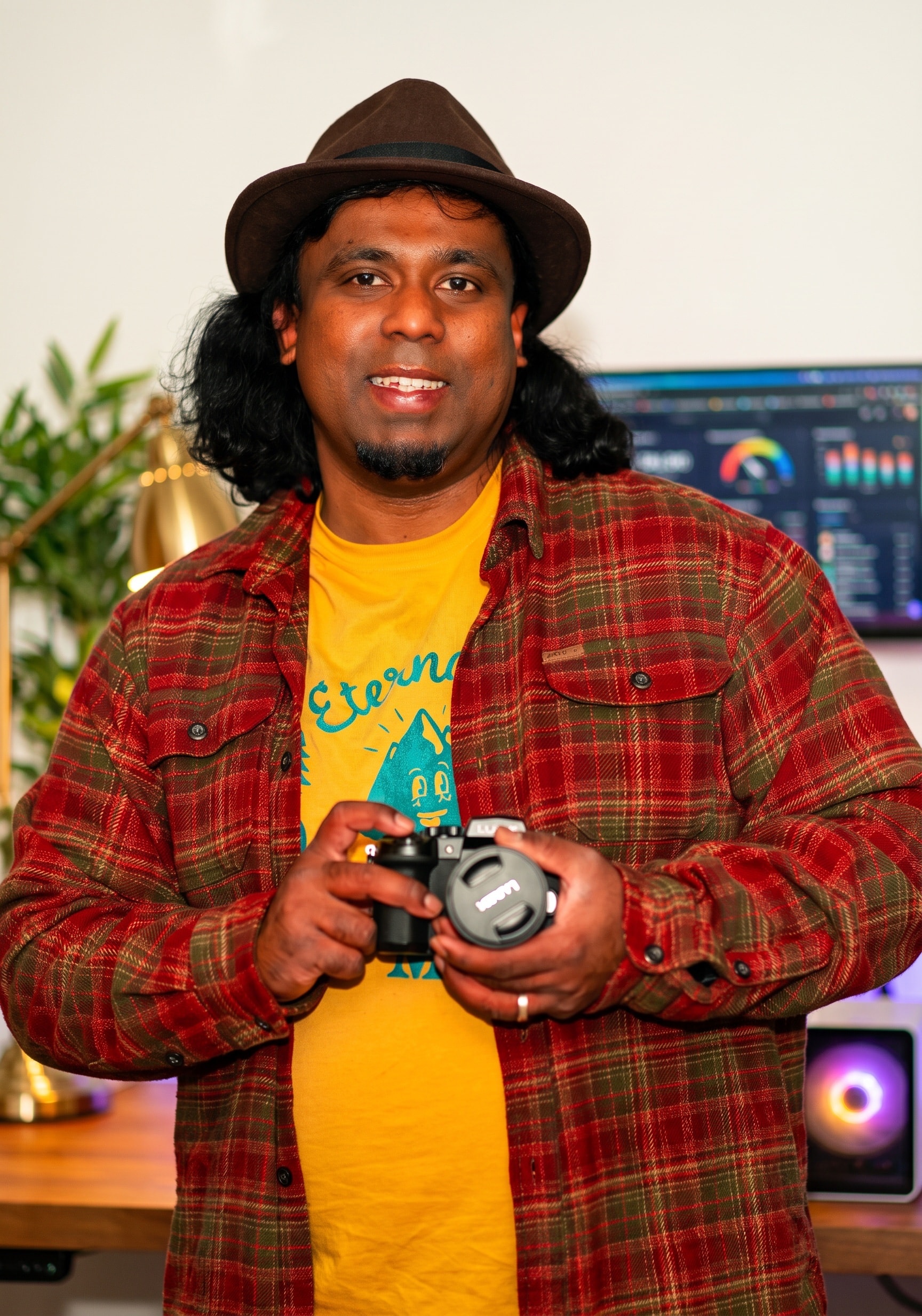 Jose Sharvin in a brown fedora and red plaid flannel, smiling and holding a mirrorless camera in his home studio