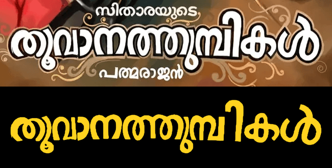 Top: the title band of the Thoovanathumbikal re-release poster, cream lettering with a dark outline. Bottom: the same words typed in Thoovanam.